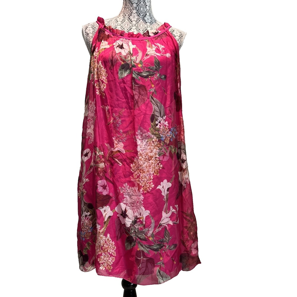 elena baldi hot pink floral 100 % silk dress small sleevless boat neck, resort